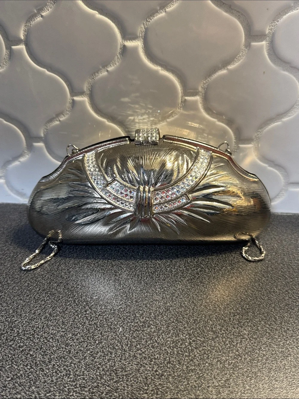 Metallic Silver Embellished Evening Clutch